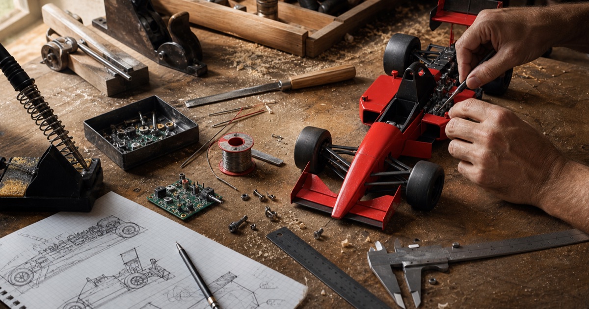 A red Formula model being assembled among woodworking and electronics tools